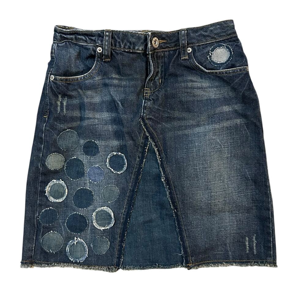 Y2K Mudd Jeans Raw Hem Straight Denim Skirt Womens Jrs Size 5 DIY Patches Indie
